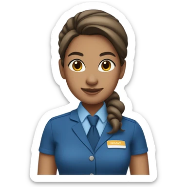 Brown tan skin flight attendant, brown hair in a bun, blue uniform, blue neck scarf sticker