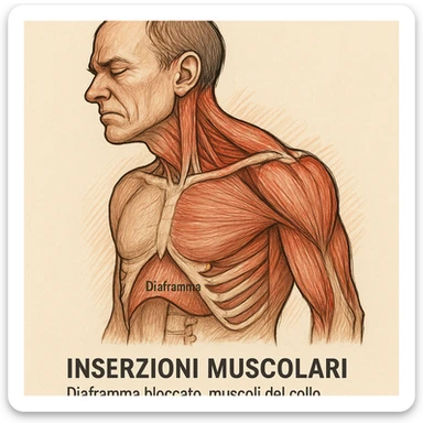 illustrazione con focus sulle inserzioni muscolari, diaframma bloccato, muscoli del collo e scapole sovraccaricati, didascalia in italiano sticker
