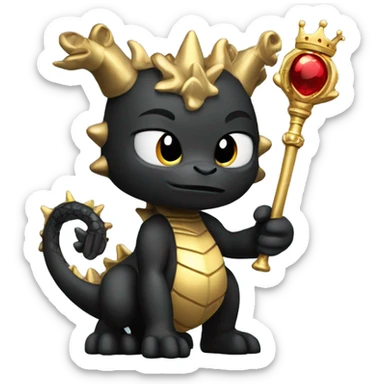 A black golden dragon whit body and a crown holding a golden sceptre in her left hand  sticker