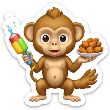 A monkey with a squirt gun and fried chicken in the other hand  sticker