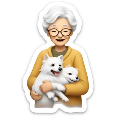 an old lady hugging a white spitz dog sticker