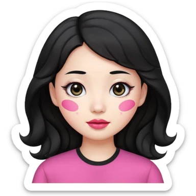 cute young Chinese woman, black wavy hair, white skin, oval face, big black eyes, pink lips, emoji style sticker