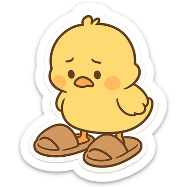 A goose yellow chick, wearing a pair of super large slippers, looks down at the shoes with a puzzled expression sticker