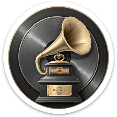 A dark metal platinum music award plaque The center features a relief of a vintage gramophone or stylized vinyl record in a slightly darker metallic tone sticker