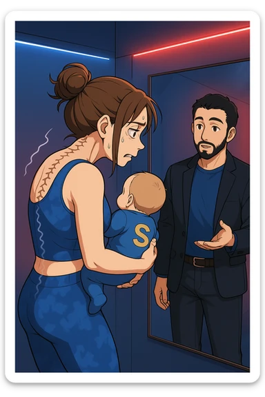 ispirati a questo stile di disegno e fai questa immagine in versione manga/webtoon a colori, il manga mostra la donna che si guarda alla specchio preoccupata di profilo con la postura sbagliata e incurvata, spalle chiuse e curve in avanti, con un neonato in braccio con una tutina azzurra e la scritta "S" sulla schiena, spina dorsale storta della donna in evidenza mentre al suo fianco anche l'uomo guarda la donna riflessa nello specchio e le spiega una cosa, ma non fare i fumetti, fai come se stessero parlando sticker