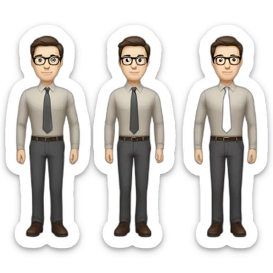 Full height Pale skinned Fit Man With dark brown hair in classic gray suit, beige office shirt, dark gray tie, and vintage glasses. His hands lock sticker