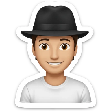 Male brunette movie producer black hat white tshirt  sticker