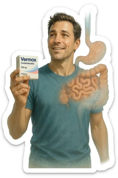 A realistic, cinematic illustration of a man in his late 30s holding a small white box of ‘Vermox’ (mebendazole) in one hand, with a relieved and hopeful expression on his face. Behind him, a semi-transparent overlay shows his digestive tract where small, symbolic worm-like parasites are dissolving and disappearing, indicating the medication’s effect. The environment is clean and bright, with a medical yet hopeful tone, conveying the concept of effective parasite removal. Subtle blue and green tones symbolize cleansing and health restoration, while the man appears energized and ready to reclaim his well-being sticker