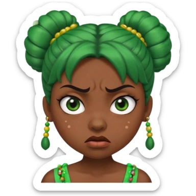 Create a 3D cartoon-style girl character with dark skin, round face, angry expression, big wide eyes, and tightly styled double buns made of green beaded hair. The girl should look irritated, eyebrows sharply angled, and lips pressed in a frown. sticker