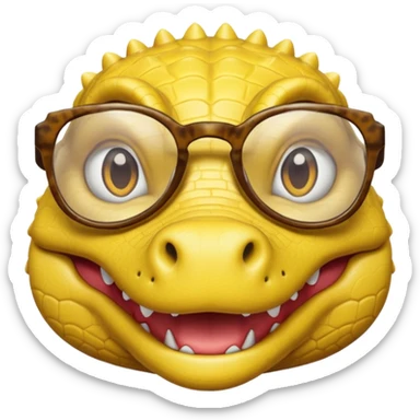 Cocodrilo feliz con boca cerrada mirando de frente que tengan lentes y sea color amarillo con fondo blanco sticker