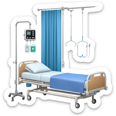 A clean patient room with hospital bed, curtain divider, and IV stand.
 sticker