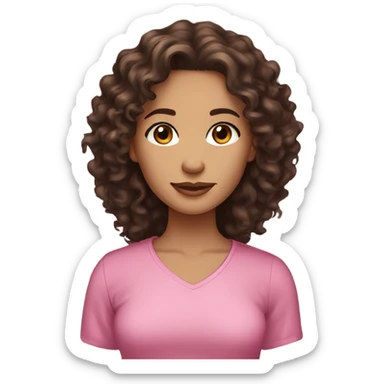 Beautiful light skin woman, dark brown long curly hair,brown eyes, pink shirt sticker