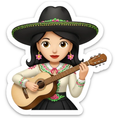 Mujer blanca con cabello negro teniendo un sombrero de mariachi sosteniendo una guitarra sticker