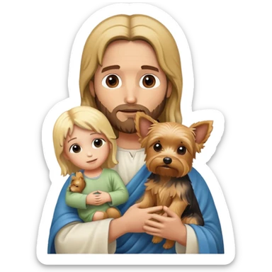 Jesus holding a cute blonde yorkie sticker