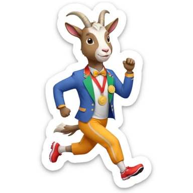 friendly anthropomorphised goat jogging upright in a colourful suit, holding up a medal, standard pose sticker