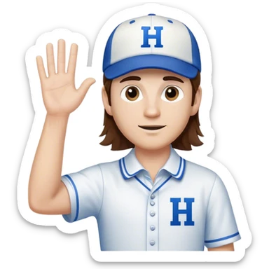 White Man with mid-length brown hair wearing blue baseball hat with the letter H on it. Hand waving. He is wearing a collared white dress shirt with nothing on it.  There should be no H on the shirt.  sticker