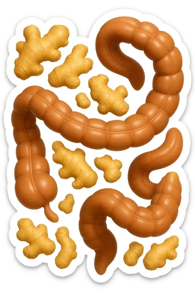 emoji stile iphone 3d di 6 piccoli pezzi di zenzero che fluttuano in aria con pezzi di colon arrotolati intorno, iperrealistico 4k sticker