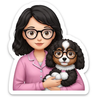 soft wavy black haired girl wearing black framed glasses in a pink pjs while holding her fluffy dog sticker