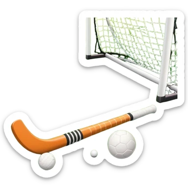 A field hockey stick and ball resting on a well-maintained green grass field, with the goalposts and markings visible in the background. The scene highlights the precision and focus of the sport, with the vibrant green pitch creating a dynamic atmosphere. sticker