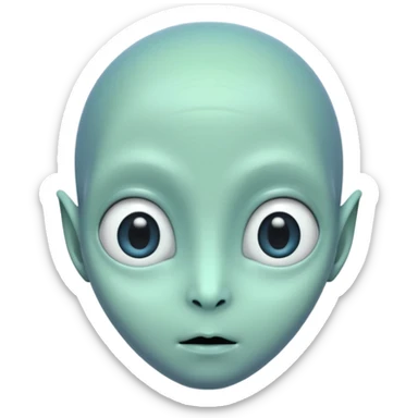 Portrait of an alien with smooth greenish-blue skin, large black oval eyes, small nose, and no visible ears, elongated head, front-facing, calm expression, soft glow, simple futuristic design sticker