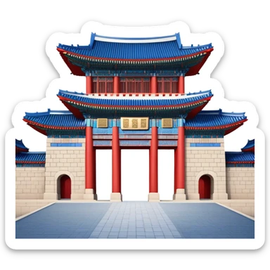 ​Cinematic Realistic Gwanghwamun Gate, depicted as a majestic historic gateway with traditional Korean architectural details, vibrant red and blue accents, and intricate carvings, set against a backdrop of modern Seoul under dynamic, natural lighting that highlights its timeless grandeur, sticker