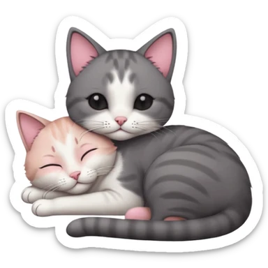 dark grey and white small cat with eyes closed, leaning his head on his paw while leaning on his elbow lying down sticker