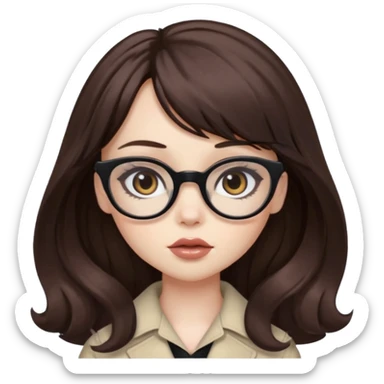 wavy brown long bangs hair, pale skin, dark black iris, pretty bratz baddie, strong black eyeliner, glasses sticker