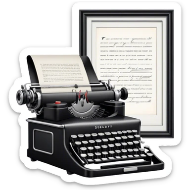 Create an emoji representing screenwriting. The design should feature an open script with visible dialogue and action lines, symbolizing the writing of a screenplay. Include a classic typewriter or a modern writing device, such as a laptop, to signify the process of creating a script. Add a cinema camera next to the script to emphasize the cinematic aspect of screenwriting. Use a professional color palette with black, white, and subtle metallic tones. Do not include any emojis or smiley faces. Make the background transparent. sticker