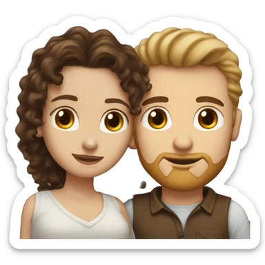 White woman with long dark brown curly hair kissing white man with light brown hair and stubble sticker