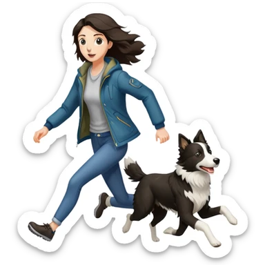A beautiful tall girl with fair skin wearing a jacket chasing a Border Collie sticker