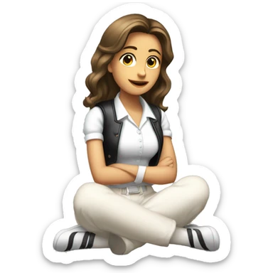 three quarters view full body caucasian beauty sitting straight hands up black skirt white knickers white vest sticker