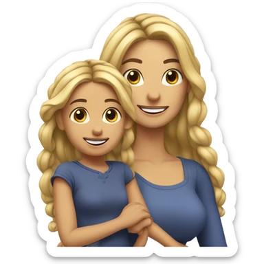 An emoji of a blonde mother with long hair, standing next to her 3-year-old daughter with black braided hair, both smiling sticker