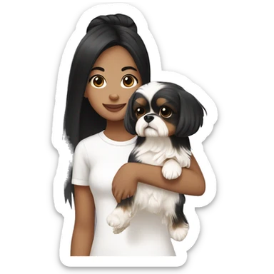 Black hair Asian girl wearing white and holding a Yorkie Shih Tzu puppy black and beige￼ sticker