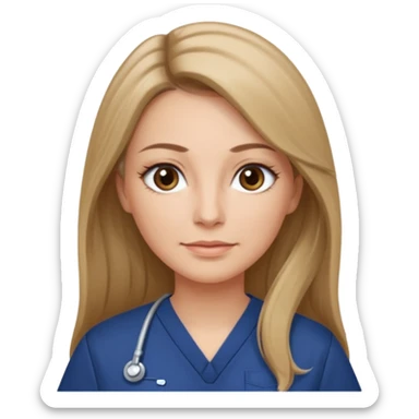 middle aged woman with long, straight light brown / dark blonde hair, grey eyes, winged eyeliner, natural makeup, wearing navy blue scrub top sticker