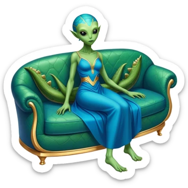 a reptilian green alien woman, in blue gold dress, lie on couch comfy, full figure sticker