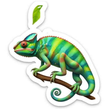 Giant chameleon on a branch, blending with vibrant greenery. Detailed scales in shifting colors, showing the chameleon’s ability to camouflage. Soft natural light highlights its texture. Nature background with leafs aтв адщцукы. Lush jungle background with vivid foliage, transparent background. sticker