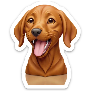Cinematic Cute Yawning Vizsla Portrait Emoji, Head tilted slightly with a dramatic, wide-open yawn, showcasing a smooth rust and gold Fur with a subtle shimmer, floppy ears slightly drooping, round amber eyes barely open in drowsy contentment, Simplified yet irresistibly adorable features, highly detailed, glowing with a soft, cozy glow, high shine, relaxed yet expressive, stylized with a touch of whimsy, bright and endearing, soft glowing outline, capturing the essence of a sleepy yet affectionate companion, so drowsy it feels like it could stretch out of the screen and curl up for a nap! sticker