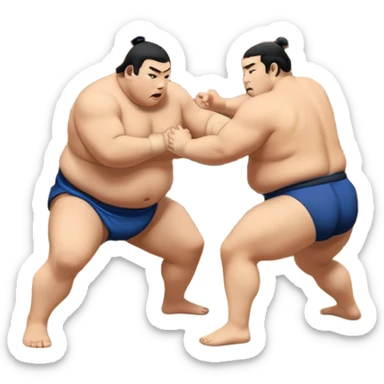 Two sumo wrestlers in a classic dohyo ring, each displaying powerful stances and ready to engage in a fierce match. One wrestler attempts a pushing attack, while the other counters with a thrust. The background shows the traditional sumo arena and spectators. Transparent background. sticker