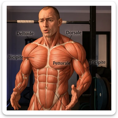Highlight the muscle fibers of the man's body in the reference photo in a realistic anatomical style, maintaining the original pose and expression. Add labels in Italian for the main muscles: pettorale, bicipite, tricipite, deltoide, trapezio, dorsale, addome. sticker