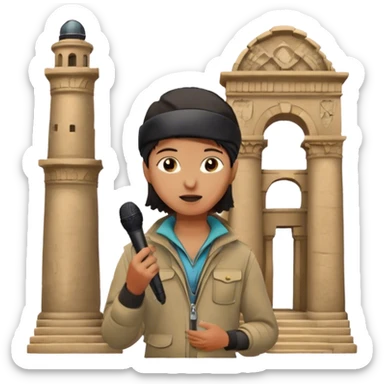 Icon for Documentary Film: A TV-style design with a traveler speaking in front of ancient ruins. Include details like a microphone, the traveler in casual explorer attire, and the ruins in the background. Capture the atmosphere of an informative journey through history. Transparent background. sticker