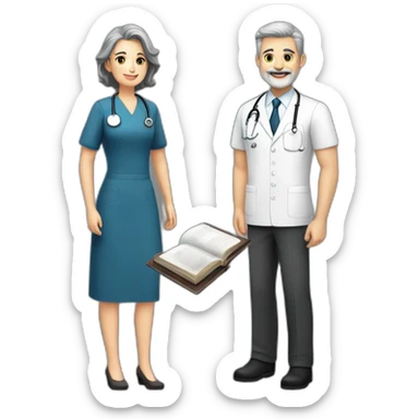 husband classy caucasian 55 dark gray hair trimmed beard executive holding bible, with wife asian age 55 dark hair nurse uniform, no children sticker