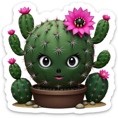 Cactus is a spherical dark green cactus with several white spikes protruding out of its surface, it has 2 eyes with huge pupils and highlights above it is a bright pink flower. Behind the Cactus is a stem holding a smaller cactus base appearing as a catapult sticker