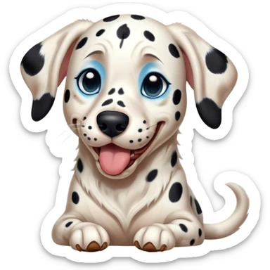 Cinematic Cute Yawning Spotted Dalmatian Portrait Emoji, Head tilted slightly with a dramatic, wide-open yawn, showcasing a smooth Fur of predominantly white with bold black patches, floppy ears slightly drooping, round blue eyes barely open in drowsy contentment, Simplified yet irresistibly adorable features, highly detailed, glowing with a soft, cozy glow, high shine, relaxed yet expressive, stylized with a touch of whimsy, bright and endearing, soft glowing outline, capturing the essence of a sleepy yet affectionate guardian, so drowsy it feels like it could stretch out of the screen and curl up for a nap! sticker