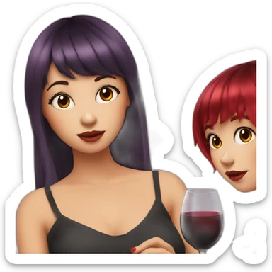 A girl with wine hair colour and shog hairstyle kissing girl with long black hair and red bangs sticker