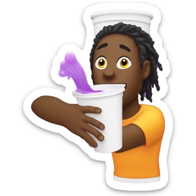 black guy with orange dreads pouring a yellow stream into a white styrofoam cup with purple juice sticker