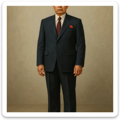Official portrait of a North Korean man, head of the hull production workshop at a shipyard, serious and formal style, dark suit, neutral background, confident and focused expression, style inspired by Soviet and North Korean official portraits, full body, not cropped, head not cut off, head and feet fully in frame, variation 4 sticker