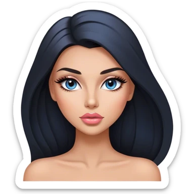 Glamours, tanned, very beautiful girl, with big pump peach-beige-rose lips, long long lashes, black straight smooth silky long hair, straight parting hair, blue-grey eyes sticker