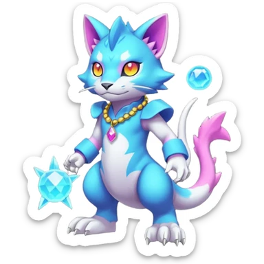 Colorful neon glowing abyssal garurumon-purloin-feline-Fakemon-Digimon-creature wearing a cool casual fashionable aesthetic clothes and accessories and jewelries and apparels fursona (full body)  sticker