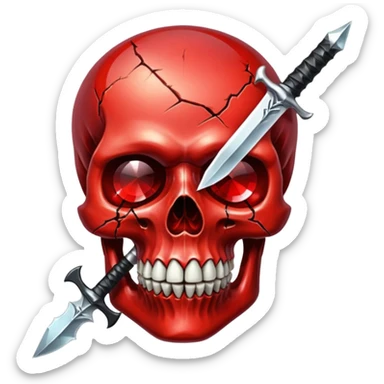 make me a red crystal skull partly see thew super gem like make it realistic and held together by a black bow and a small dagger to the eye with cracks coming from it have the bow be loosely tied around the skull holding it together make the blade super realistic  sticker