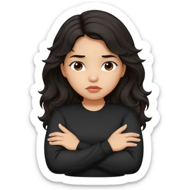 Hispanic girl with dark long wavy hair crossing her arms while pouting and wearing a black long sleeve shirt sticker